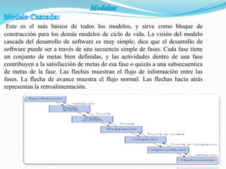 Este es el más básico de todos los modelos, y sirve como bloque de
construcción para los demás modelos de ciclo de vida. La visión del modelo
cascada del desarrollo de software es muy simple; dice que el desarrollo de
software puede ser a través de una secuencia simple de fases. Cada fase tiene
un conjunto de metas bien definidas, y las actividades dentro de una fase
contribuyen a la satisfacción de metas de esa fase o quizás a una subsecuentica
de metas de la fase. Las flechas muestran el flujo de información entre las
fases. La flecha de avance muestra el flujo normal. Las flechas hacia atrás
representan la retroalimentación.
 
