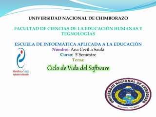 UNIVERSIDAD NACIONAL DE CHIMBORAZO
FACULTAD DE CIENCIAS DE LA EDUCACIÓN HUMANAS Y
TEGNOLOGIAS
ESCUELA DE INFOEMÁTICA APLICADA A LA EDUCACIÓN
Nombre: Ana Cecilia Saula
Curso: 5`Semestre
Tema:
Ciclo de Vida del Software
 