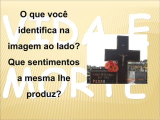 VIDA EVIDA E
MORTEMORTE
O que você
identifica na
imagem ao lado?
Que sentimentos
a mesma lhe
produz?
 