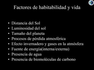 Factores de habitabilidad y vida Distancia del Sol Luminosidad del sol Tamaño del planeta Procesos de pérdida atmosférica Efecto invernadero y gases en la atmósfera Fuente de energía(interna/externa) Presencia de agua Presencia de biomoléculas de carbono 