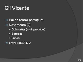 Gil Vicente
Pai do teatro português
 Nascimento (?)


 Guimarães (mais provável)
 Barcelos
 Lisboa



entre 1465/1470

3/12

 