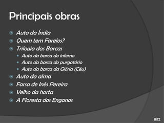Principais obras





Auto da Índia
Quem tem Farelos?
Trilogia das Barcas
 Auto da barca do inferno
 Auto da barca do purgatório
 Auto da barca da Glória (Céu)






Auto da alma
Farsa de Inês Pereira
Velho da horta
A Floresta dos Enganos
8/12

 