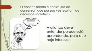 O conhecimento é construído de
consensos, que por sua vez resultam de
discussões coletivas.
A criança deve
entender porque está
aprendendo, para que
haja interesse.
 