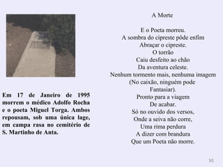 9595
A Morte
E o Poeta morreu.
A sombra do cipreste pôde enfim
Abraçar o cipreste.
O torrão
Caiu desfeito ao chão
Da aventura celeste.
Nenhum tormento mais, nenhuma imagem
(No caixão, ninguém pode
Fantasiar).
Pronto para a viagem
De acabar.
Só no ouvido dos versos,
Onde a seiva não corre,
Uma rima perdura
A dizer com brandura
Que um Poeta não morre.
Em 17 de Janeiro de 1995
morrem o médico Adolfo Rocha
e o poeta Miguel Torga. Ambos
repousam, sob uma única lage,
em campa rasa no cemitério de
S. Martinho de Anta.
 