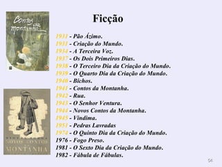 5544 
Ficção 
1931 - Pão Ázimo. 
1931 - Criação do Mundo. 
1934 - A Terceira Voz. 
1937 - Os Dois Primeiros Dias. 
1938 - O Terceiro Dia da Criação do Mundo. 
1939 - O Quarto Dia da Criação do Mundo. 
1940 - Bichos. 
1941 - Contos da Montanha. 
1942 - Rua. 
1943 - O Senhor Ventura. 
1944 - Novos Contos da Montanha. 
1945 - Vindima. 
1951 - Pedras Lavradas 
1974 - O Quinto Dia da Criação do Mundo. 
1976 - Fogo Preso. 
1981 - O Sexto Dia da Criação do Mundo. 
1982 - Fábula de Fábulas. 
 