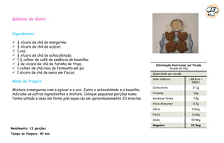 13
Galáxia do Gurzi


Ingredientes

    ½ xícara de chá de margarina;
    ½ xícara de chá de açúcar;
    1 ovo;
    ½ xícara de chá de achocolatado;
    1 ½ colher de café de essência de baunilha;
    ¾ de xícara de chá de farinha de trigo;                                      Informação Nutricional por Porção
    1 colher de chá rasa de fermento em pó;                                               Porção de 30g
    1 xícara de chá de aveia em flocos.                                        Quantidade por porção
                                                                               Valor Calórico            138 Kcal =
Modo de Preparo                                                                                            580kJ
                                                                               Carboidrato                 17,1g
Misture a margarina com o açúcar e o ovo. Junte o achocolatado e a baunilha.
Adicione os outros ingredientes e misture. Coloque pequenas porções numa       Proteína                     1,6g

forma untada e asse em forno pré-aquecido em aproximadamente 20 minutos.       Gorduras Totais              7,4g
                                                                               Fibra Alimentar              0,7g
                                                                               Cálcio                      9,0mg
                                                                               Ferro                       0,6mg
                                                                               Sódio                      43,4mg
                                                                               Magnésio                   10,3mg
Rendimento: 11 porções
Tempo de Preparo: 40 min
 