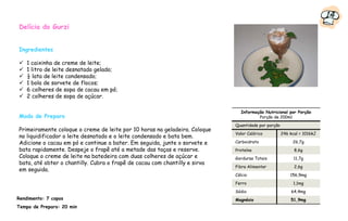 14
Delícia do Gurzi


Ingredientes

    1 caixinha de creme de leite;
    1 litro de leite desnatado gelado;
    ½ lata de leite condensado;
    1 bola de sorvete de flocos;
    6 colheres de sopa de cacau em pó;
    2 colheres de sopa de açúcar.

                                                                              Informação Nutricional por Porção
Modo de Preparo                                                                       Porção de 200ml
                                                                            Quantidade por porção
Primeiramente coloque o creme de leite por 10 horas na geladeira. Coloque
                                                                            Valor Calórico          246 kcal = 1016kJ
no liquidificador o leite desnatado e o leite condensado e bata bem.
Adicione o cacau em pó e continue a bater. Em seguida, junte o sorvete e    Carboidrato                  26,7g
bata rapidamente. Despeje o frapê até a metade das taças e reserve.         Proteína                      8,6g
Coloque o creme de leite na batedeira com duas colheres de açúcar e         Gorduras Totais               11,7g
bata, até obter o chantilly. Cubra o frapê de cacau com chantilly e sirva
                                                                            Fibra Alimentar               2,6g
em seguida.
                                                                            Cálcio                      156,9mg
                                                                            Ferro                         1,1mg
                                                                            Sódio                        64,4mg
Rendimento: 7 copos                                                         Magnésio                    51,9mg
Tempo de Preparo: 20 min
 