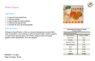 19
Batida Tropical


Ingredientes

    3 copos de leite desnatado;
    1 cenoura grande;
    1 copo de iogurte natural gelado;
    3 colheres de sopa de mel;
    1 caixinha de suco de laranja gelada.

Modo de Preparo
                                                                                 Informação Nutricional por Porção
                                                                                         Porção de 200ml
Coloque no liquidificador o leite e a cenoura descascada e picada. Bata
                                                                             Quantidade por porção
bem. Se preferir, coe a mistura e volte ao liquidificador. Junte o iogurte
e o mel e bata mais um pouco. Por último, coloque o suco de laranja              Valor Calórico       92 Kcal = 386kJ
gelado e bata rapidamente. Sirva em seguida.                                      Carboidrato              15,6g
                                                                                   Proteína                4,9g
                                                                                Gorduras Totais            1,3g
                                                                                Fibra Alimentar            0,6g
                                                                                     Cálcio               6,8mg
                                                                                     Ferro                 0,1mg
                                                                                     Sódio                8,6mg
                                                                                   Magnésio               15,8mg
Rendimento: 5 ½ copos
Tempo de Preparo: 20 min
 