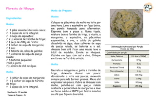 Floresta de Nhoque
                                                                                                                           21
                                     Modo de Preparo

                                     Massa
Ingredientes
                                     Coloque os pãezinhos de molho no leite por
Massa
                                     uma hora. Leve o espinafre ao fogo baixo,
                                     em panela tampada para aferventar.
   2 pães amanhecidos sem casca;
                                     Esprema bem e pique o. Numa tigela,
   2 copos de leite integral;
                                     misture bem a farinha de trigo, a ricota, a
   1 maço de espinafre;
                                     margarina, o espinafre, os pãezinhos
  2 ½ xícaras de farinha de trigo;
                                     espremidos, o ovo, o caldo de galinha
  1 peça de 200g de ricota;
                                     dissolvido na água, duas colheres de sopa
  1 colher de sopa de margarina;
                                     de queijo ralado, as batatas e o sal.             Informação Nutricional por Porção
  1 ovo;
                                     Amasse bem até ficar uma massa leve e                      Porção de 100g
  1 tablete de caldo de galinha;
                                     fácil de modelar. Enrole os nhoques.          Quantidade por porção
  4 colheres de sopa de queijo
                                     Cozinhe em água com sal e óleo. Coloque           Valor Calórico      131 Kcal = 550kJ
ralado;
                                     em forma refratária untada.
  5 batatas pequenas;                                                                   Carboidrato              17,1g
  Sal a gosto.                                                                           Proteína                5,2g
                                     Molho
  ½ xícara de chá de água;
                                                                                      Gorduras Totais            4,5g
                                     Derreta a margarina e junte a farinha de         Fibra Alimentar            1,.1g
Molho
                                     trigo, deixando dourar um pouco.
                                                                                           Cálcio               113,4mg
                                     Acrescente o leite aos poucos, mexendo
   1 colher de sopa de margarina;                                                          Ferro                 1,6mg
                                     sempre para não formar grumos. Mexa até
   1 ½ colher de sopa de farinha
                                     engrossar um pouco. Cubra os nhoques com              Sódio                92,6mg
de trigo;
                                     molho, polvilhe-os com queijo ralado                Magnésio               29,3mg
   2 copos de leite integral.
                                     restante e pedacinhos de margarina e leve
 Rendimento: 13 porções              ao forno médio a 180ºC por trinta minutos
 Tempo de Preparo: 2h                ou até que fiquem dourados.
 