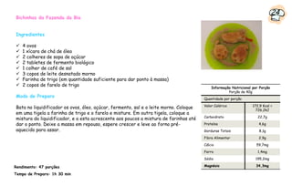 24
Bichinhos da Fazenda da Bia


Ingredientes

    4 ovos
    1 xícara de chá de óleo
    2 colheres de sopa de açúcar
    2 tabletes de fermento biológico
    1 colher de café de sal
    3 copos de leite desnatado morno
    Farinha de trigo (em quantidade suficiente para dar ponto à massa)
    2 copos de farelo de trigo
                                                                                           Informação Nutricional por Porção
                                                                                                    Porção de 40g
Modo de Preparo                                                                        Quantidade por porção
                                                                                       Valor Calórico             172,9 Kcal =
Bata no liquidificador os ovos, óleo, açúcar, fermento, sal e o leite morno. Coloque                                726,2kJ
em uma tigela a farinha de trigo e o farelo e misture. Em outra tigela, coloque a
                                                                                       Carboidrato                   22,7g
mistura do liquidificador, e a esta acrescente aos poucos a mistura de farinhas até
dar o ponto. Deixe a massa em repouso, espere crescer e leve ao forno pré-             Proteína                      4,6g
aquecido para assar.                                                                   Gorduras Totais                8,1g
                                                                                       Fibra Alimentar               2,9g
                                                                                       Cálcio                       59,7mg
                                                                                       Ferro                         1,4mg
                                                                                       Sódio                       195,2mg

Rendimento: 47 porções                                                                 Magnésio                     34,3mg

Tempo de Preparo: 1h 30 min
 