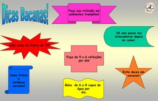 Faça sua refeição em
                                                                             4
                              ambientes tranqüilos!




                                                        Dê uma pausa nas
                                                       brincadeiras depois
                                                            de comer.
Não coma na frente da TV!


                             Faça de 5 a 6 refeições
                                     por dia!


                                                            Evite doces em
Coma frutas                                                     excesso!
     e
  verduras
 variadas!                  Beba de 6 a 8 copos de
                                   água por
                                      dia.
 