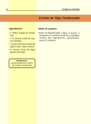 14                                                            A Soja na Cozinha



                                      Extrato de Soja Condensado


     Ingredientes:                    Modo de preparo:
     - 1 colher (sopa) de marga-      bater no liqüidificador a água, o açúcar, a
       rina                           margarina e o extrato em pó até a completa
     - 1 ½ xícaras (chá) de açú-      mistura dos ingredientes, aproximada-
       car refinado                   mente 5 minutos.
     - 1 xícara (chá) de extrato de
       soja em pó, sabor natural
     - ½ xícara (chá) de água
       quente (fervida)



             Rendimento:
       aproximadamente 300ml
        de extrato condensado
 