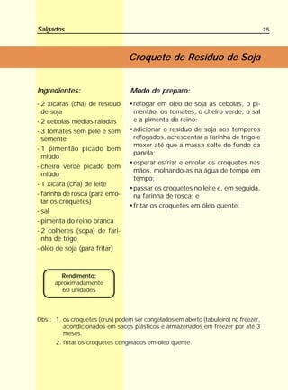 Salgados                                                                              25




                                  Croquete de Resíduo de Soja


Ingredientes:                     Modo de preparo:
- 2 xícaras (chá) de resíduo       refogar em óleo de soja as cebolas, o pi-
  de soja                          mentão, os tomates, o cheiro verde, o sal
- 2 cebolas médias raladas         e a pimenta do reino;
- 3 tomates sem pele e sem         adicionar o resíduo de soja aos temperos
  semente                          refogados, acrescentar a farinha de trigo e
                                   mexer até que a massa solte do fundo da
- 1 pimentão picado bem
                                   panela;
  miúdo
                                   esperar esfriar e enrolar os croquetes nas
- cheiro verde picado bem
                                   mãos, molhando-as na água de tempo em
  miúdo
                                   tempo;
- 1 xícara (chá) de leite
                                   passar os croquetes no leite e, em seguida,
- farinha de rosca (para enro-     na farinha de rosca; e
  lar os croquetes)
                                   fritar os croquetes em óleo quente.
- sal
- pimenta do reino branca
- 2 colheres (sopa) de fari-
  nha de trigo
- óleo de soja (para fritar)



        Rendimento:
      aproximadamente
        60 unidades




Obs.: 1. os croquetes (crus) podem ser congelados em aberto (tabuleiro) no freezer,
         acondicionados em sacos plásticos e armazenados em freezer por até 3
         meses.
      2. fritar os croquetes congelados em óleo quente.
 
