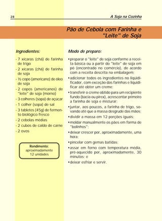 28                                                            A Soja na Cozinha


                                     Pão de Cebola com Farinha e
                                                  "Leite" de Soja

     Ingredientes:                   Modo de preparo:
     - 7 xícaras (chá) de farinha     preparar o "leite" de soja conforme a recei-
       de trigo                       ta básica ou a partir do "leite" de soja em
     - 2 xícaras (chá) de farinha     pó (encontrado no comércio), de acordo
       de soja                        com a receita descrita na embalagem;
     - ½ copo (americano) de óleo     adicionar todos os ingredientes no liqüidi-
       de soja                        ficador, com exceção das farinhas e liquidi-
                                      ficar até obter um creme;
     - 2 copos (americanos) de
       "leite" de soja (morno)        transferir o creme obtido para um recipiente
                                      fundo (bacia ou pirex), acrescentar primeiro
     - 3 colheres (sopa) de açúcar
                                      a farinha de soja e misturar;
     - 1 colher (sopa) de sal
                                      juntar, aos poucos, a farinha de trigo, so-
     - 3 tabletes (45g) de fermen-    vando até que a massa desgrude das mãos;
       to biológico fresco
                                      dividir a massa em 12 porções iguais;
     - 2 cebolas médias
                                      moldar manualmente os pães em forma de
     - 2 cubos de caldo de carne      "bolinhos";
     - 2 ovos                         deixar crescer por, aproximadamente, uma
                                      hora;
                                      pincelar com gemas batidas;
             Rendimento:              assar em forno com temperatura média,
           aproximadamente
                                      pré-aquecido por, aproximadamente, 30
             12 unidades
                                      minutos; e
                                      deixar esfriar e servir.
 