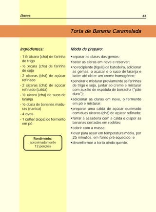 Doces                                                                            43




                                Torta de Banana Caramelada


Ingredientes:                   Modo de preparo:
- 1½ xícara (chá) de farinha    separar as claras das gemas;
  de trigo                      bater as claras em neve e reservar;
- ½ xícara (chá) de farinha     no recipiente (tigela) da batedeira, adicionar
  de soja                       as gemas, o açúcar e o suco de laranja e
- 2 xícaras (chá) de açúcar     bater até obter um creme homogêneo;
  refinado                      peneirar e misturar previamente as farinhas
- 2 xícaras (chá) de açúcar     de trigo e soja, juntar ao creme e misturar
  refinado (calda)              com auxílio de espátula de borracha ("pão
- ½ xícara (chá) de suco de     duro");
  laranja                       adicionar as claras em neve, o fermento
- ½ dúzia de bananas madu-      em pó e misturar;
  ras (nanica)                  preparar uma calda de açúcar queimado
- 4 ovos                        com duas xícaras (chá) de açúcar refinado;
- 1 colher (sopa) de fermento   forrar a assadeira com a calda e dispor as
  em pó                         bananas cortadas em rodelas;
                                cobrir com a massa;
                                levar para assar em temperatura média, por
        Rendimento:             25 minutos, em forno pré-aquecido; e
      aproximadamente           desenformar a torta ainda quente.
         12 porções
 