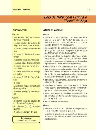 Receitas Festivas                                                                      55



                                   Bolo de Natal com Farinha e
                                               "Leite" de Soja

Ingredientes:                      Modo de preparo:
Massa:                             Massa:
- 1½ xícara (chá) de farinha        preparar o "leite" de soja conforme a receita
  de trigo (massa)                  básica ou a partir do "leite" de soja em pó
- ½ xícara (chá) de farinha de      (encontrado no comércio), de acordo com a
  trigo (misturar com frutas)       receita descrita na embalagem;
- 1 xícara (chá) de farinha de      no recipiente da batedeira (tigela), adicionar
  soja                              a margarina, o açúcar, as gemas e, bater bem
                                    até formar um creme homogêneo;
- 1 xícara (chá) de açúcar re-
  finado                            com a batedeira desligada, adicionar, alter-
                                    nadamente, o "leite" de soja, as farinhas (trigo
- ½ xícara (chá) de maisena
                                    e soja) e a maisena, previamente misturadas
- ½ xícara (chá) de uvas passas     e peneiradas, misturar delicadamente;
- 1 xícara (chá) de frutas cris-    adicionar as frutas cristalizadas e as uvas pas-
  talizadas                         sas previamente misturadas com ½ xícara
- 1 vidro pequeno de cereja         (chá) de farinha de trigo e misturar delica-
  em calda                          damente com o auxílio de colher grande ou
- 1 xícara (chá) de "leite" de      espátula de borracha ("pão duro");
  soja                              adicionar, suavemente, as claras em neve e
- 4 ovos                            o fermento em pó;
- 6 colheres (sopa) bem cheias      transferir a massa para uma forma redonda
  de margarina                      (tipo pudim) previamente untada com mar-
                                    garina e polvilhada com farinha de trigo;
- 1 colher (sopa) fermento em
  pó                                levar para assar por aproximadamente 25 a
                                    30 minutos em forno com temperatura média
Glacê:                              já pré-aquecido; e
- 2 xícaras (chá) de açúcar de      deixar esfriar e confeitar.
  confeiteiro (Glaçucar)
                                   Glacê:
- 4 colheres (sopa) de água
  quente                            misturar o açúcar de confeiteiro, a água quen-
                                    te e o rum até formar o glacê; e
- 2 colheres (sopa) de rum
                                    espalhar o glacê sobre a superfície do bolo já
                                    assado e frio e enfeitar com cerejas e frutas
        Rendimento:                 cristalizadas.
     um bolo de 12 fatias
 