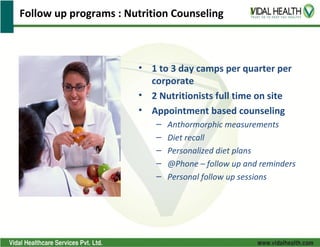 Follow up programs : Nutrition Counseling



                       • 1 to 3 day camps per quarter per
                         corporate
                       • 2 Nutritionists full time on site
                       • Appointment based counseling
                           –   Anthormorphic measurements
                           –   Diet recall
                           –   Personalized diet plans
                           –   @Phone – follow up and reminders
                           –   Personal follow up sessions
 