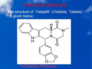 Chemical Structure
© Clearsky Pharmacy
The structure of Tadalafil (Vidalista Tablets)
is given below:
 