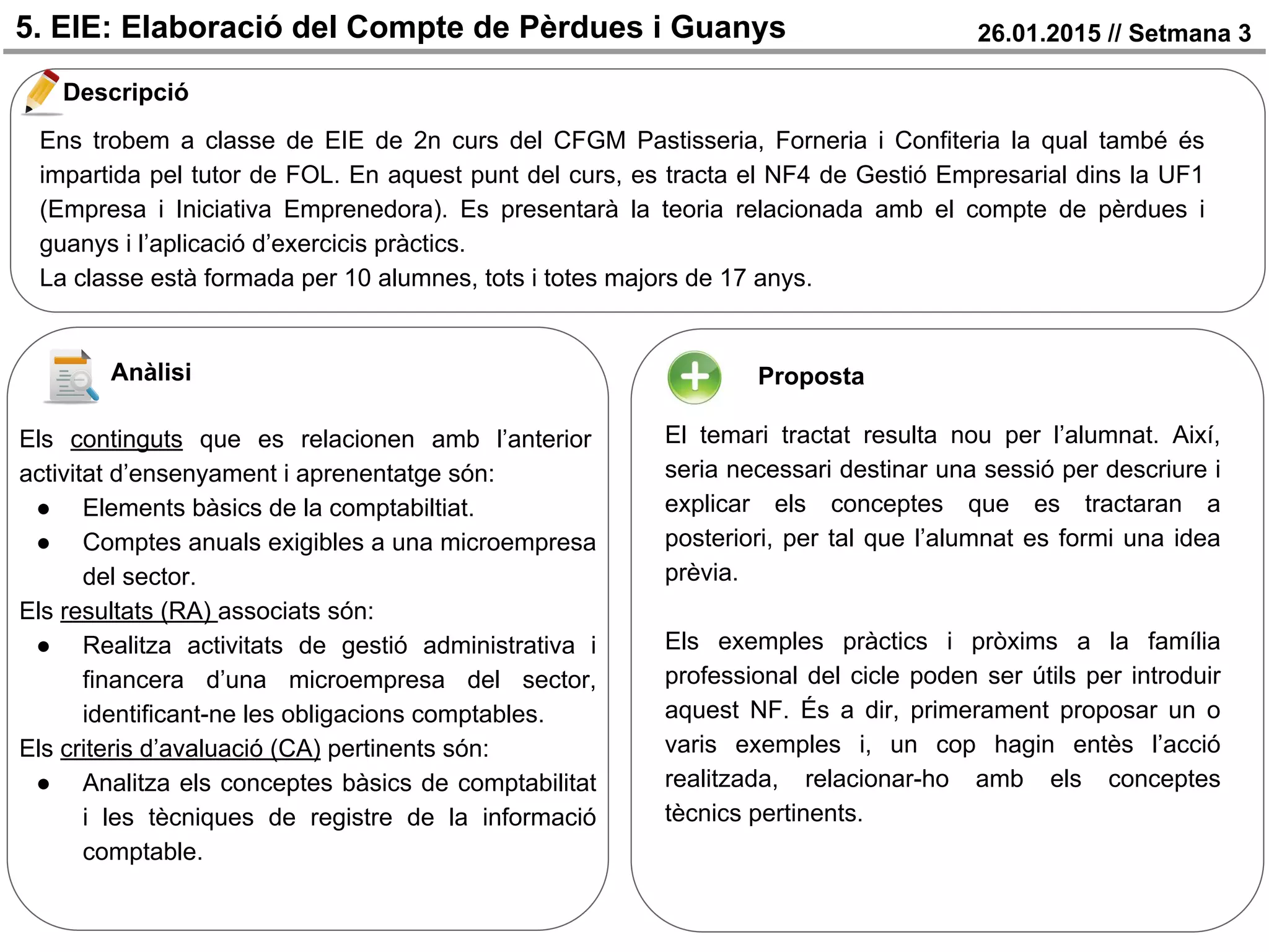 5. EIE: Elaboració del Compte de Pèrdues i Guanys 26.01.2015 // Setmana 3
Descripció
Anàlisi
Ens trobem a classe de EIE de 2n curs del CFGM Pastisseria, Forneria i Confiteria la qual també és
impartida pel tutor de FOL. En aquest punt del curs, es tracta el NF4 de Gestió Empresarial dins la UF1
(Empresa i Iniciativa Emprenedora). Es presentarà la teoria relacionada amb el compte de pèrdues i
guanys i l’aplicació d’exercicis pràctics.
La classe està formada per 10 alumnes, tots i totes majors de 17 anys.
Els continguts que es relacionen amb l’anterior
activitat d’ensenyament i aprenentatge són:
● Elements bàsics de la comptabiltiat.
● Comptes anuals exigibles a una microempresa
del sector.
Els resultats (RA) associats són:
● Realitza activitats de gestió administrativa i
financera d’una microempresa del sector,
identificant-ne les obligacions comptables.
Els criteris d’avaluació (CA) pertinents són:
● Analitza els conceptes bàsics de comptabilitat
i les tècniques de registre de la informació
comptable.
Proposta
El temari tractat resulta nou per l’alumnat. Així,
seria necessari destinar una sessió per descriure i
explicar els conceptes que es tractaran a
posteriori, per tal que l’alumnat es formi una idea
prèvia.
Els exemples pràctics i pròxims a la família
professional del cicle poden ser útils per introduir
aquest NF. És a dir, primerament proposar un o
varis exemples i, un cop hagin entès l’acció
realitzada, relacionar-ho amb els conceptes
tècnics pertinents.
 