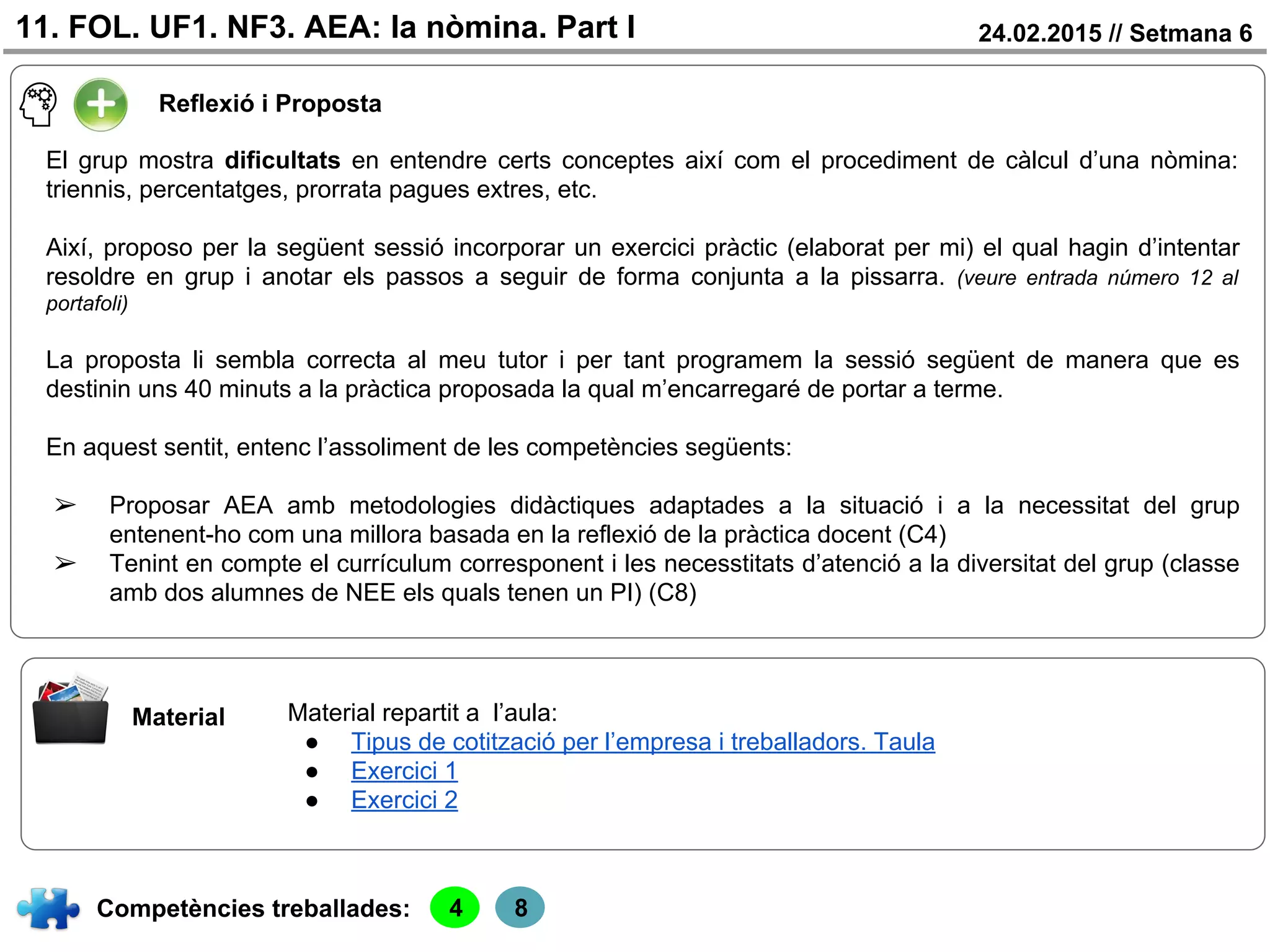 24.02.2015 // Setmana 611. FOL. UF1. NF3. AEA: la nòmina. Part I
Reflexió i Proposta
Competències treballades:
Material
El grup mostra dificultats en entendre certs conceptes així com el procediment de càlcul d’una nòmina:
triennis, percentatges, prorrata pagues extres, etc.
Així, proposo per la següent sessió incorporar un exercici pràctic (elaborat per mi) el qual hagin d’intentar
resoldre en grup i anotar els passos a seguir de forma conjunta a la pissarra. (veure entrada número 12 al
portafoli)
La proposta li sembla correcta al meu tutor i per tant programem la sessió següent de manera que es
destinin uns 40 minuts a la pràctica proposada la qual m’encarregaré de portar a terme.
En aquest sentit, entenc l’assoliment de les competències següents:
➢ Proposar AEA amb metodologies didàctiques adaptades a la situació i a la necessitat del grup
entenent-ho com una millora basada en la reflexió de la pràctica docent (C4)
➢ Tenint en compte el currículum corresponent i les necesstitats d’atenció a la diversitat del grup (classe
amb dos alumnes de NEE els quals tenen un PI) (C8)
4 8
Material repartit a l’aula:
● Tipus de cotització per l’empresa i treballadors. Taula
● Exercici 1
● Exercici 2
 