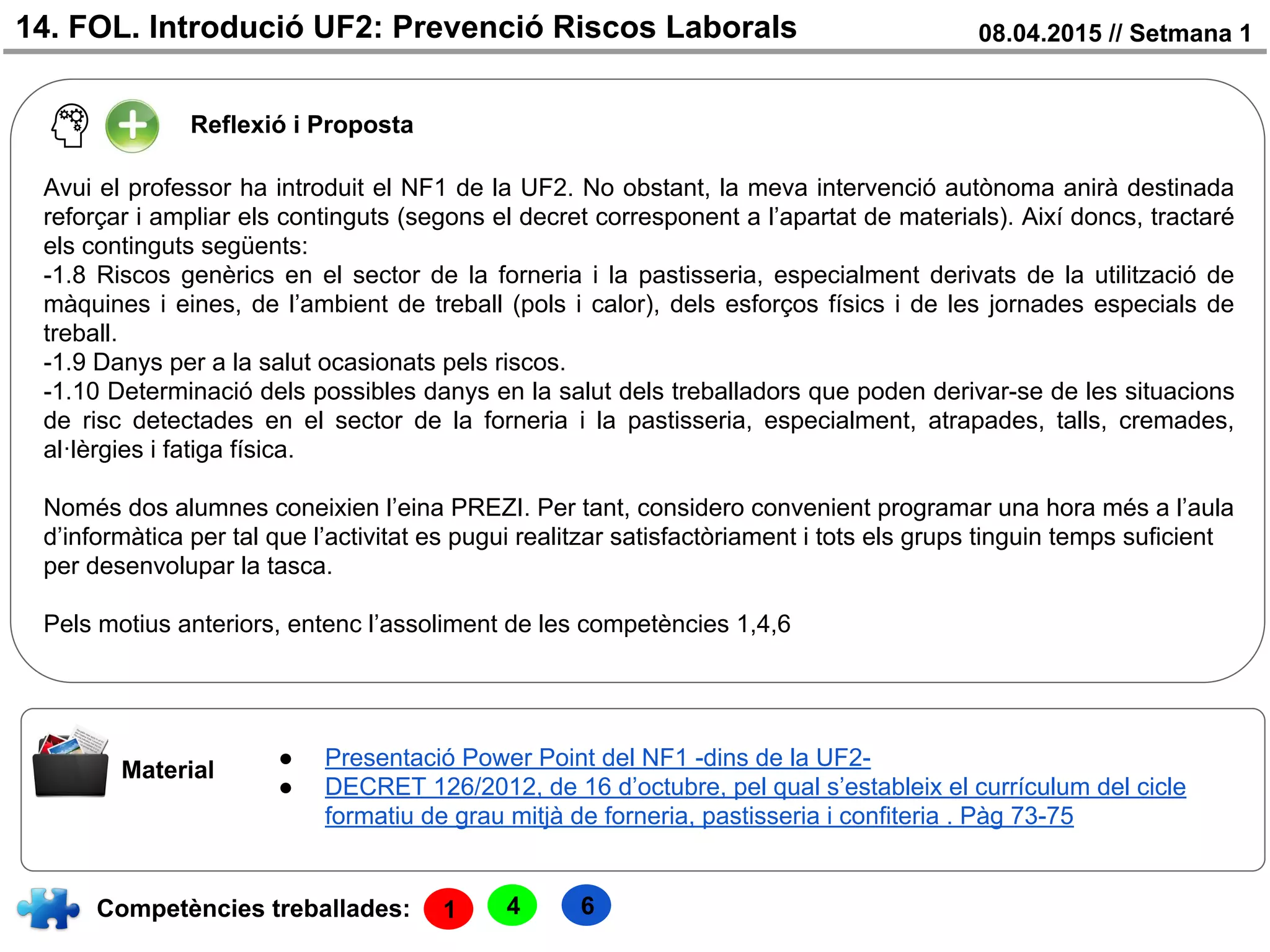 14. FOL. Introdució UF2: Prevenció Riscos Laborals 08.04.2015 // Setmana 1
Reflexió i Proposta
Competències treballades:
Material
● Presentació Power Point del NF1 -dins de la UF2-
● DECRET 126/2012, de 16 d’octubre, pel qual s’estableix el currículum del cicle
formatiu de grau mitjà de forneria, pastisseria i confiteria . Pàg 73-75
Avui el professor ha introduit el NF1 de la UF2. No obstant, la meva intervenció autònoma anirà destinada
reforçar i ampliar els continguts (segons el decret corresponent a l’apartat de materials). Així doncs, tractaré
els continguts següents:
-1.8 Riscos genèrics en el sector de la forneria i la pastisseria, especialment derivats de la utilització de
màquines i eines, de l’ambient de treball (pols i calor), dels esforços físics i de les jornades especials de
treball.
-1.9 Danys per a la salut ocasionats pels riscos.
-1.10 Determinació dels possibles danys en la salut dels treballadors que poden derivar-se de les situacions
de risc detectades en el sector de la forneria i la pastisseria, especialment, atrapades, talls, cremades,
al·lèrgies i fatiga física.
Només dos alumnes coneixien l’eina PREZI. Per tant, considero convenient programar una hora més a l’aula
d’informàtica per tal que l’activitat es pugui realitzar satisfactòriament i tots els grups tinguin temps suficient
per desenvolupar la tasca.
Pels motius anteriors, entenc l’assoliment de les competències 1,4,6
1 4 6
 