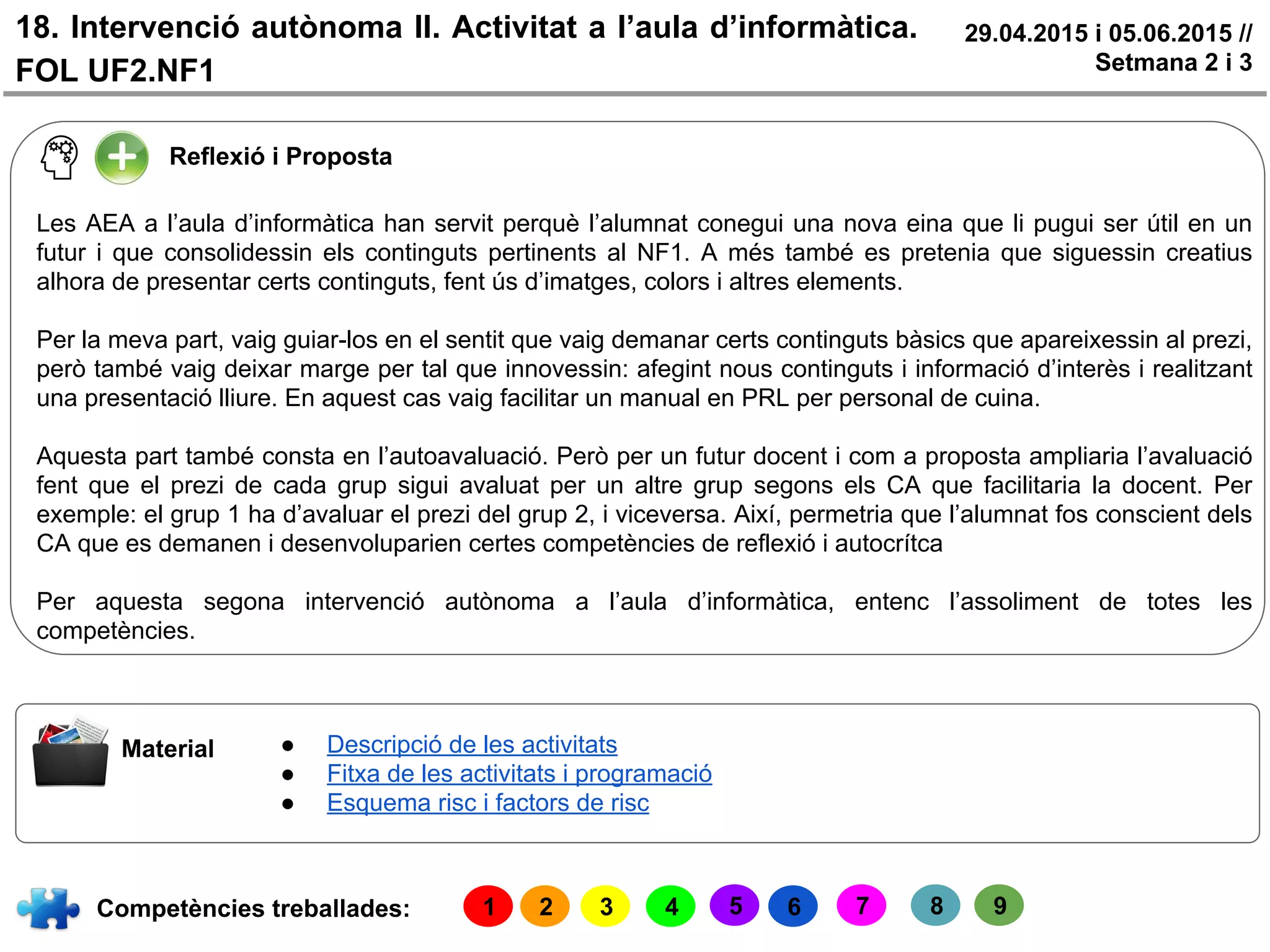 18. Intervenció autònoma II. Activitat a l’aula d’informàtica.
FOL UF2.NF1
29.04.2015 i 05.06.2015 //
Setmana 2 i 3
Reflexió i Proposta
Material
Competències treballades:
Les AEA a l’aula d’informàtica han servit perquè l’alumnat conegui una nova eina que li pugui ser útil en un
futur i que consolidessin els continguts pertinents al NF1. A més també es pretenia que siguessin creatius
alhora de presentar certs continguts, fent ús d’imatges, colors i altres elements.
Per la meva part, vaig guiar-los en el sentit que vaig demanar certs continguts bàsics que apareixessin al prezi,
però també vaig deixar marge per tal que innovessin: afegint nous continguts i informació d’interès i realitzant
una presentació lliure. En aquest cas vaig facilitar un manual en PRL per personal de cuina.
Aquesta part també consta en l’autoavaluació. Però per un futur docent i com a proposta ampliaria l’avaluació
fent que el prezi de cada grup sigui avaluat per un altre grup segons els CA que facilitaria la docent. Per
exemple: el grup 1 ha d’avaluar el prezi del grup 2, i viceversa. Així, permetria que l’alumnat fos conscient dels
CA que es demanen i desenvoluparien certes competències de reflexió i autocrítca
Per aquesta segona intervenció autònoma a l’aula d’informàtica, entenc l’assoliment de totes les
competències.
1 2 3 4 6 7 8 9
● Descripció de les activitats
● Fitxa de les activitats i programació
● Esquema risc i factors de risc
5
 