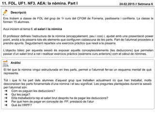 24.02.2015 // Setmana 611. FOL. UF1. NF3. AEA: la nòmina. Part I
Descripció
Ens trobem a classe de FOL del grup de 1r curs del CFGM de Forneria, pastisseria i confiteria. La classe la
formen 15 alumnes.
Avui iniciem el tema 6: el salari i la nòmina
El professor defineix l’estructura de la nòmina (encapçalament, peu i cos) i, ajudat amb una presentació power
point, anota a la pissarra tots els elements que configuren cadascuna de les parts. Part de l’alumnat procedeix a
prendre apunts. Seguidament reparteix uns exercicis pràctics que resol a la pissarra.
L’objectiu bàsic per aquesta sessió és exposar aquells conceptes/elements (les deduccions) que permeten
passar d’un salari brut a net i realitzar exercicis pràctics (exàmens curs anteriors) com el càlcul de nòmines.
Anàlisi
El fet que la nòmina vingui estructurada en tres parts, permet a l’alumnat fer-se un esquema mental de què
representa.
Tot i que hi ha part dels alumnes d’aquest grup que treballen actualment i/o que han treballat, molts
desconeixen les parts fonamentals d’una nòmina i el seu significat. Les preguntes plantejades durant la sessió
per l’alumnat són:
➔ Com es paguen les deduccions?
➔ Qui les paga?
➔ El/la treballador/a rep el salari brut després ha de pagar les deduccions?
➔ Per què hem de pagar en concepte de: FP, prestació de l’atur
➔ Què és l’IRPF?
 