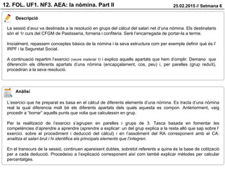 25.02.2015 // Setmana 6
Descripció
12. FOL. UF1. NF3. AEA: la nòmina. Part II
La sessió d’avui va destinada a la resolució en grups del càlcul del salari net d’una nòmina. Els destinataris
són el 1r curs del CFGM de Pastisseria, forneria i confiteria. Seré l’encarregada de portar-la a terme.
Inicialment, repassem conceptes bàsics de la nòmina i la seva estructura com per exemple definir què és l’
IRPF i la Seguretat Social.
A continuació repartim l’exercici (veure material 1) i explico aquells apartats que hem d’omplir. Demano que
diferenciïn els diferents apartats d’una nòmina (encapçalament, cos, peu) i, per parelles (grup reduït),
procediran a la seva resolució.
Anàlisi
L’exercici que he preparat es basa en el càlcul de diferents elements d’una nòmina. Es tracta d’una nòmina
real la qual diferencia molt bé els diferents apartats dels quals aquesta es compon. Anteriorment, vaig
procedir a “borrar” aquells punts que volia que calculessin en grup.
Per la realització de l’exercici s’agrupen en parelles i grups de 3. Tasca basada en fomentar les
competències d’aprendre a aprendre (aprendre a explicar: un del grup explica a la resta allò que sap sobre l’
exercici. sobre el procediment i deducció del càlcul) i en l’assoliment del RA corresponent amb el CA:
analitza el salari brut i hi identifica els principals elements que l’integren.
En el transcurs de la sessió, continuen apareixent dubtes, sobretot referents a quina és la base de cotització
per a cada deducció. Procedeixo a l’explicació corresponent així com també explicar mètodes per calcular
percentatges.
 