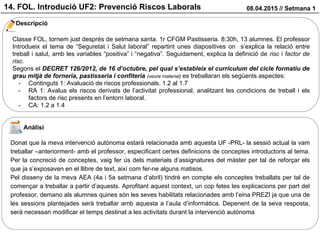 14. FOL. Introdució UF2: Prevenció Riscos Laborals 08.04.2015 // Setmana 1
Descripció
Anàlisi
Classe FOL, tornem just després de setmana santa. 1r CFGM Pastisseria. 8:30h, 13 alumnes. El professor
Introdueix el tema de “Seguretat i Salut laboral” repartint unes diapositives on s’explica la relació entre
treball i salut, amb les variables “positiva” i “negativa”. Seguidament, explica la definició de risc i factor de
risc.
Segons el DECRET 126/2012, de 16 d’octubre, pel qual s’estableix el currículum del cicle formatiu de
grau mitjà de forneria, pastisseria i confiteria (veure material) es treballaran els següents aspectes:
- Continguts 1: Avaluació de riscos professionals. 1.2 al 1.7
- RA 1: Avalua els riscos derivats de l’activitat professional, analitzant les condicions de treball i els
factors de risc presents en l’entorn laboral.
- CA: 1.2 a 1.4
Donat que la meva intervenció autònoma estarà relacionada amb aquesta UF -PRL- la sessió actual la vam
treballar –anteriorment- amb el professor, especificant certes definicions de conceptes introductoris al tema.
Per la concreció de conceptes, vaig fer ús dels materials d’assignatures del màster per tal de reforçar els
que ja s’exposaven en el llibre de text, així com fer-ne alguns matisos.
Pel disseny de la meva AEA (4a i 5a setmana d’abril) tindré en compte els conceptes treballats per tal de
començar a treballar a partir d’aquests. Aprofitant aquest context, un cop fetes les explicacions per part del
professor, demano als alumnes quines són les seves habilitats relacionades amb l’eina PREZI ja que una de
les sessions plantejades serà treballar amb aquesta a l’aula d’informàtica. Depenent de la seva resposta,
serà necessari modificar el temps destinat a les activitats durant la intervenció autònoma
 