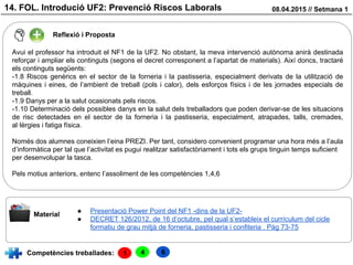 14. FOL. Introdució UF2: Prevenció Riscos Laborals 08.04.2015 // Setmana 1
Reflexió i Proposta
Competències treballades:
Material
● Presentació Power Point del NF1 -dins de la UF2-
● DECRET 126/2012, de 16 d’octubre, pel qual s’estableix el currículum del cicle
formatiu de grau mitjà de forneria, pastisseria i confiteria . Pàg 73-75
Avui el professor ha introduit el NF1 de la UF2. No obstant, la meva intervenció autònoma anirà destinada
reforçar i ampliar els continguts (segons el decret corresponent a l’apartat de materials). Així doncs, tractaré
els continguts següents:
-1.8 Riscos genèrics en el sector de la forneria i la pastisseria, especialment derivats de la utilització de
màquines i eines, de l’ambient de treball (pols i calor), dels esforços físics i de les jornades especials de
treball.
-1.9 Danys per a la salut ocasionats pels riscos.
-1.10 Determinació dels possibles danys en la salut dels treballadors que poden derivar-se de les situacions
de risc detectades en el sector de la forneria i la pastisseria, especialment, atrapades, talls, cremades,
al·lèrgies i fatiga física.
Només dos alumnes coneixien l’eina PREZI. Per tant, considero convenient programar una hora més a l’aula
d’informàtica per tal que l’activitat es pugui realitzar satisfactòriament i tots els grups tinguin temps suficient
per desenvolupar la tasca.
Pels motius anteriors, entenc l’assoliment de les competències 1,4,6
1 4 6
 