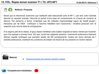15. FOL. Repàs temari examen T1 i T2. UF2-NF1 15.04.2015 // Setmana 1
Reflexió i Proposta
Donat que la intervenció autònoma que realitzaré està relacionada amb el NF1 i, per tant, amb l’activitat
descrita en aquesta entrada, l’alumnat ja partirà d’una base de coneixements on s’haurà de construir al
damunt. Per portar-ho a terme, s’intentarà que els mètodes d’aprenentatge siguin de treball grupal i
interactius per tal l’AEA s’enfoquin a l’alumne treballant tant l’autonomia i iniciativa personal com el
respecte mutu vers la resta de companys/es.
A la segona part de la classe, el grup classe manifesta certs dubtes respecte la teoria i temari per l’examen
que s’ha exposat a primera hora. Per tant, durant les següents sessions –intervenció autònoma-s’intentarà
reforçar aquells continguts que permetin assolir els RA corresponents: Avalua els riscos derivats de l’
activitat professional, analitzant les condicions de treball i els factors de risc presents en l’entorn laboral.
Material
Competències treballades:
● Esquema temari per examen repartit a classe
1
 