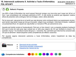 18. Intervenció autònoma II. Activitat a l’aula d’informàtica.
FOL UF2.NF1
29.04.2015 i 05.06.2015 //
Setmana 2 i 3
Reflexió i Proposta
Material
Competències treballades:
Les AEA a l’aula d’informàtica han servit perquè l’alumnat conegui una nova eina que li pugui ser útil en un
futur i que consolidessin els continguts pertinents al NF1. A més també es pretenia que siguessin creatius
alhora de presentar certs continguts, fent ús d’imatges, colors i altres elements.
Per la meva part, vaig guiar-los en el sentit que vaig demanar certs continguts bàsics que apareixessin al prezi,
però també vaig deixar marge per tal que innovessin: afegint nous continguts i informació d’interès i realitzant
una presentació lliure. En aquest cas vaig facilitar un manual en PRL per personal de cuina.
Aquesta part també consta en l’autoavaluació. Però per un futur docent i com a proposta ampliaria l’avaluació
fent que el prezi de cada grup sigui avaluat per un altre grup segons els CA que facilitaria la docent. Per
exemple: el grup 1 ha d’avaluar el prezi del grup 2, i viceversa. Així, permetria que l’alumnat fos conscient dels
CA que es demanen i desenvoluparien certes competències de reflexió i autocrítca
Per aquesta segona intervenció autònoma a l’aula d’informàtica, entenc l’assoliment de totes les
competències.
1 2 3 4 6 7 8 9
● Descripció de les activitats
● Fitxa de les activitats i programació
● Esquema risc i factors de risc
5
 