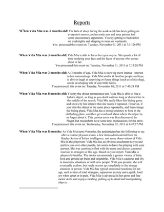 Reports
W1hen Vida Mia was 3 months old: The lack of sleep during the work-week has been getting on
                                    everyone's nerves, and recently you and your partner had
                                    some uncustomary arguments. You try getting to bed earlier
                                    on weeknights and sleeping in more on weekends.
                         You processed this event on: Tuesday, November 01, 2011 at 7:31:26 PM


When Vida Mia was 3 months old: Vida Mia is able to focus her eyes on you. She spends a lot of
                                     time studying your face and the faces of anyone who comes
                                     close to her.
                            You processed this event on: Tuesday, November 01, 2011 at 7:33:28 PM

When Vida Mia was 3 months old: At 3 months of age, Vida Mia is showing more intense interest
                                     in her surroundings. Vida Mia smiles at familiar people and toys,
                                     is able to laugh at surprising or funny things (such as a little dog),
                                     and is developing lots of cute little habits.
                         You processed this event on: Tuesday, November 01, 2011 at 7:40:28 PM

When Vida Mia was 8 months old: You try the object permanence test. Vida Mia is able to find a
                                     hidden object, as long as you don't wait too long or distract her in
                                     the middle of the search. Vida Mia really likes this hiding game
                                    and shows by her interest that she wants it repeated. However, if
                                    you hide the object in the same place repeatedly, and then change
                                    the hiding place, Vida Mia has a strong tendency to look in the
                                   old hiding place, and then get confused about where the object is,
                                    or forget about it. This curious error was first discovered by
                                    Piaget, but researchers have some new explanations for the error.
                         You processed this event on: Wednesday, November 02, 2011 at 6:47:37 PM

When Vida Mia was 8 months: As Vida Mia turns 9 months, the pediatrician has the following to say
                                 after a routine physical exam, a few items administered from the
                                 Bayley Scales of Infant Intelligence, and some observations of Vida
                                Mia in the playroom: Vida Mia has an obvious attachment to you and
                                prefers you over other people, but seems to have fun playing with your
                                partner. She was cautious at first with the nurse and doctor, a normal
                                reaction to strangers at this age. Based on your report, Vida Mia is
                                physically healthy. The doctor recommends a greater variety of baby
                               food and ground up fruits and vegetables. Vida Mia is cautious and shy
                               in most new situations or with new people. With you present, she will
                               eventually explore, but rarely warms up completely to the strange
                               situation or person. Vida Mia has typical emotional reactions for her
                              age, such as fear of total strangers, separation anxiety and a quick, loud
                              cry when upset or in pain. Vida Mia is advanced in her gross and fine
                              motor skills and enjoys crawling, pulling up to stand and manipulating
                              objects.
 