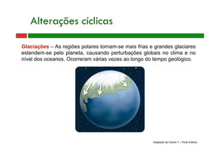 Glaciações – As regiões polares tornam-se mais frias e grandes glaciares
estendem-se pelo planeta, causando perturbações globais no clima e no
nível dos oceanos. Ocorreram várias vezes ao longo do tempo geológico.
Alterações cíclicas
Adaptado de Cientic 7 – Porto Editora
 