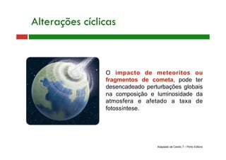 O impacto de meteoritos ou
fragmentos de cometa, pode ter
desencadeado perturbações globais
na composição e luminosidade da
atmosfera e afetado a taxa de
fotossíntese.
Alterações cíclicas
Adaptado de Cientic 7 – Porto Editora
 