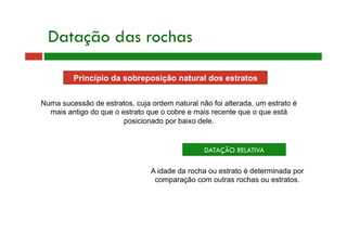 Princípio da sobreposição natural dos estratos
Datação das rochas
Numa sucessão de estratos, cuja ordem natural não foi alterada, um estrato é
mais antigo do que o estrato que o cobre e mais recente que o que está
posicionado por baixo dele.
DATAÇÃO RELATIVA
A idade da rocha ou estrato é determinada por
comparação com outras rochas ou estratos.
 