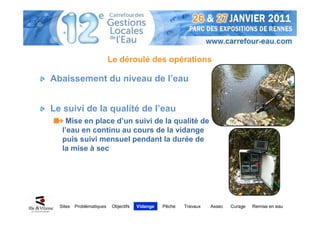 Le déroulé des opérations

Abaissement du niveau de l’eau


Le suivi de la qualité de l’eau
    Mise en place d’un suivi de la qualité de
   l’eau en continu au cours de la vidange
   puis suivi mensuel pendant la durée de
   la mise à sec




  Sites   Problématiques    Objectifs   Vidange   Pêche   Travaux   Assec   Curage   Remise en eau
 
