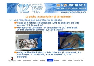 La pêche : concertation et déroulement
Les résultats des opérations de pêche
  étang de Châtillon-en-Vendelais : 20 t de poissons (16 t de
  carpes, 0,5 t de sandres)
  barrage de la Cantache : 54 t de poissons (30 t de carpes,
  20 t de brèmes et gardons, 2,5 t de sandres)




  étang de Marcillé-Robert : 8 t de poissons (3 t de carpes, 3,3
  t de brèmes, 1 t de silures, 0,5 t de sandres, 0,1 t de
  brochets)
   Sites   Problématiques   Objectifs   Vidange   Pêche   Travaux   Assec   Curage   Remise en eau
 