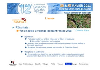 L’assec


Résultats
    Un an après la vidange (pendant l’assec 2009)                                Coléanthe délicat


          Végétation
                Forte colonisation du fond de l’étang par le Bident et les saules
                     Nécessité d’intervention sur les saules
                Maintien voire développement des espèces patrimoniales (Littorelle uniflore et
               Limoselle aquatique)
                Apparition d’une nouvelle espèce patrimoniale : le Coléanthe délicat

          Phosphore et sédiments
                Accumulation du phosphore par la végétation selon niveau topographique et
               granulométrie du substrat et diminution de la teneur en phosphore dans l’eau



  Sites   Problématiques   Objectifs   Vidange   Pêche   Travaux   Assec    Curage   Remise en eau
 