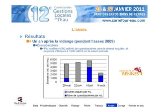 L’assec
Résultats
   Un an après la vidange (pendant l’assec 2009)
       Cyanobactéries
             Pic modéré (4000 cell/ml) de cyanobactéries dans le chenal en juillet, et
             moyenne inférieure à 1000 cell/ml sur la saison estivale.




   Sites   Problématiques   Objectifs   Vidange   Pêche   Travaux   Assec    Curage      Remise en eau
 