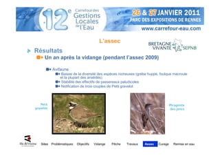 L’assec
Résultats
      Un an après la vidange (pendant l’assec 2009)

           Avifaune
                 Baisse de la diversité des espèces nicheuses (grèbe huppé, foulque macroule
                et la plupart des anatidés)
                 Stabilité des effectifs de passereaux paludicoles
                 Nidification de trois couples de Petit gravelot



   Petit                                                                             Phragmite
gravelot                                                                              des joncs




   Sites   Problématiques   Objectifs   Vidange   Pêche   Travaux   Assec   Curage     Remise en eau
 