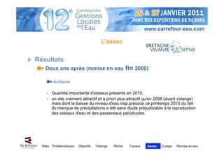 L’assec


Résultats
    Deux ans après (remise en eau fin 2009)

          Avifaune

     - Quantité importante d'oiseaux présents en 2010,
     - un site vraiment attractif et a priori plus attractif qu'en 2008 (avant vidange)
       mais dont la baisse du niveau d'eau trop précoce ce printemps 2010 du fait
       du manque de précipitations a été sans doute préjudiciable à la reproduction
       des oiseaux d'eau et des passereaux paludicoles.




  Sites   Problématiques   Objectifs   Vidange   Pêche   Travaux   Assec   Curage   Remise en eau
 