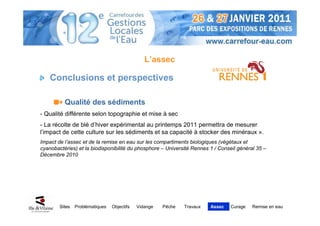 L’assec

    Conclusions et perspectives

          Qualité des sédiments
- Qualité différente selon topographie et mise à sec
- La récolte de blé d’hiver expérimental au printemps 2011 permettra de mesurer
l’impact de cette culture sur les sédiments et sa capacité à stocker des minéraux ».
Impact de l’assec et de la remise en eau sur les compartiments biologiques (végétaux et
cyanobactéries) et la biodisponibilité du phosphore – Université Rennes 1 / Conseil général 35 –
Décembre 2010




        Sites   Problématiques   Objectifs   Vidange   Pêche   Travaux   Assec   Curage   Remise en eau
 