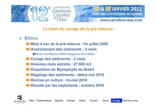 Le bilan du curage de la pré-retenue

Bilans
   Mise à sec de la pré-retenue : fin juillet 2009
   Assèchement des sédiments : 2 mois
          Avec conditions météorologiques favorables
   Curage des sédiments : 2 mois
   Volumes réels extraits : 27 800 m3
   Disparition du Myriophylle du Brésil
   Régalage des sédiments : début mai 2010
   Remise en culture : mi-mai 2010
   Récolte par les exploitants : octobre 2010


  Sites   Problématiques   Objectifs   Vidange   Pêche   Travaux   Assec   Curage   Remise en eau
 