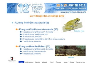 La vidange des 2 étangs ENS

Autres intérêts naturalistes

   Etang de Chatillon-en-Vendelais (35)
                                                                                      Rainette verte
       5 espèces d’amphibiens et 1 de reptile
       28 espèces de papillons de jour
       26 espèces de libellules
       20 espèces de mammifères dont 4 de chauves-souris
       7 espèces de poissons

   Etang de Marcillé-Robert (35)
       4 espèces d’amphibiens et 3 de reptile
       3 espèces de chauves-souris
       6 espèces de poissons

                                                                            Brochet

   Sites   Problématiques   Objectifs   Vidange   Pêche   Travaux   Assec    Curage     Remise en eau
 