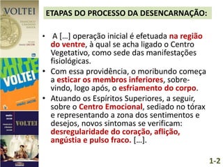 ETAPAS DO PROCESSO DA DESENCARNAÇÃO:
• A […] operação inicial é efetuada na região
do ventre, à qual se acha ligado o Centro
Vegetativo, como sede das manifestações
fisiológicas.
• Com essa providência, o moribundo começa
a esticar os membros inferiores, sobre-
vindo, logo após, o esfriamento do corpo.
• Atuando os Espíritos Superiores, a seguir,
sobre o Centro Emocional, sediado no tórax
e representando a zona dos sentimentos e
desejos, novos sintomas se verificam:
desregularidade do coração, aflição,
angústia e pulso fraco. […].
1-2
 