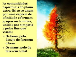 As comunidades
espirituais do plano
extra-físico se unem
por uma espécie de
afinidade e formam
grupos ou famílias,
unidos por simpatia
e pelos fins que
visam:
 Os bons, pelo
  desejo de fazerem
  o bem
 Os maus, pelo de
  fazerem o mal
 