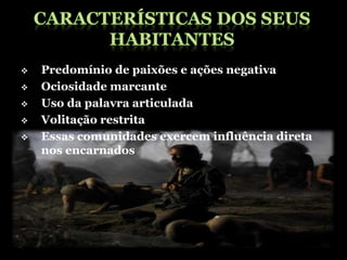    Predomínio de paixões e ações negativa
   Ociosidade marcante
   Uso da palavra articulada
   Volitação restrita
   Essas comunidades exercem influência direta
    nos encarnados
 
