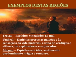 Trevas – Espíritos vinculados ao mal
Umbral – Espíritos presos às paixões e às
sensações da vida material, é zona de verdugos e
vítimas, de exploradores e explorados.
Abismo – Espíritos suicidas, sentimento
predominante mágoa e remorso.
 