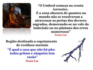 “O Umbral começa na crosta
                             terrestre.
                   É a zona obscura de quantos no
                     mundo não se resolveram a
                  atravessar as portas dos deveres
                 sagrados, demorando-se no vale da
                 indecisão ou no pântano dos erros
                            numerosos”
                             Nosso Lar

Região destinada a esgotamento
      de resíduos mentais
 “É qual a casa que não há pão:
  todos gritam e ninguém tem
              razão”
            Nosso Lar
 